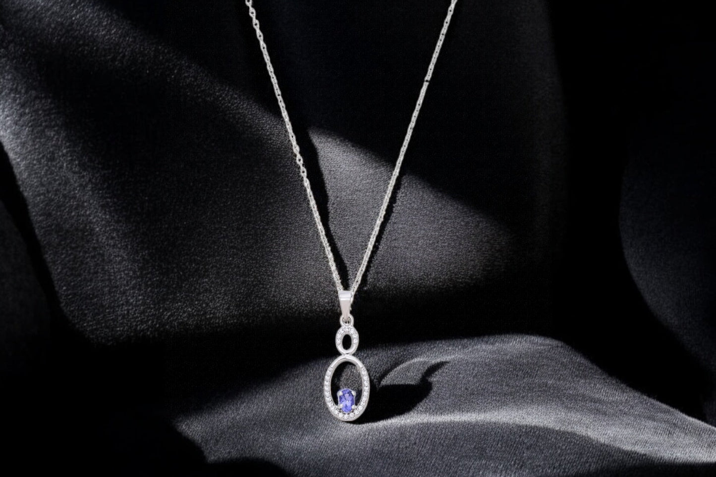 925 Sterling Silver Tanzanite Pendant with CZ Accents – Elegant Oval Design Gemstone Jewelry for Women