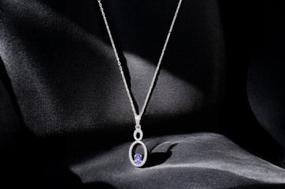 925 Sterling Silver Tanzanite Pendant with CZ Accents – Elegant Oval Design Gemstone Jewelry for Women