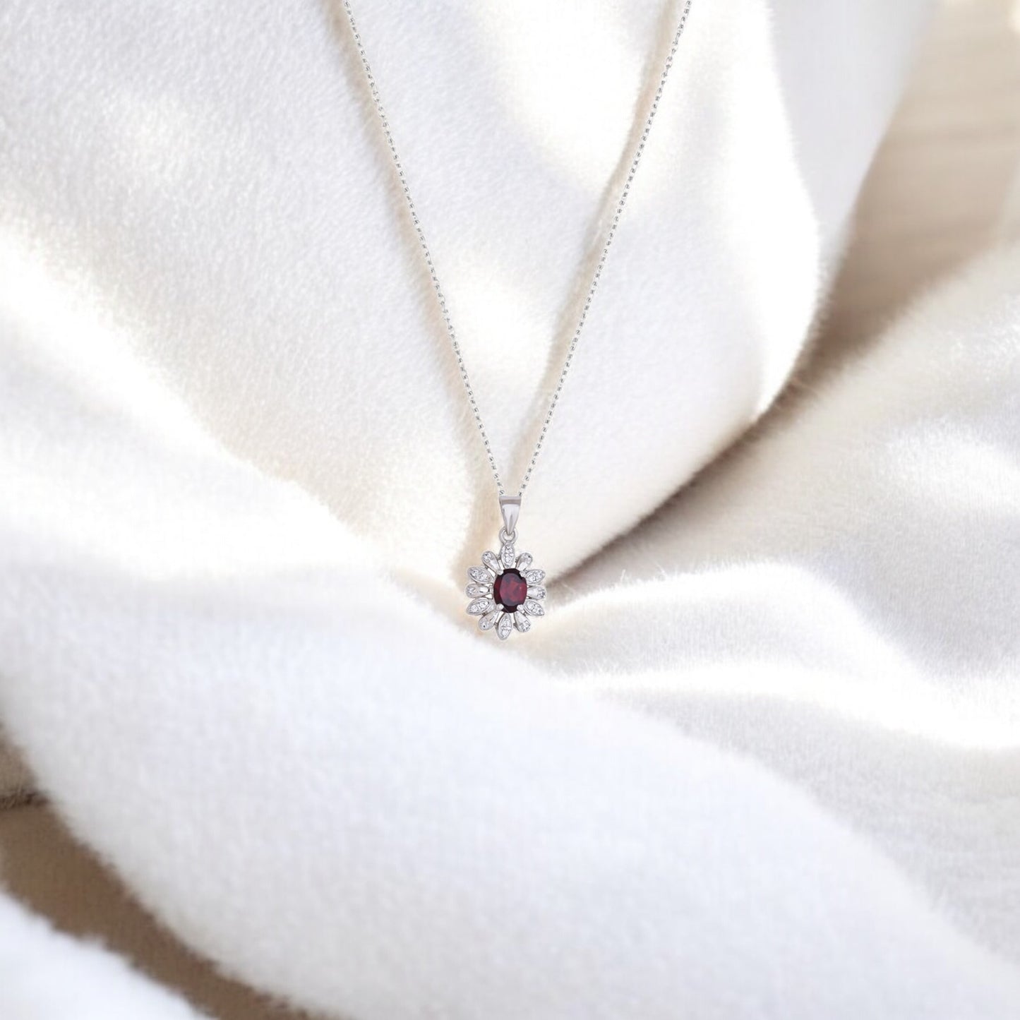 925 Sterling Silver Floral Pendant with Oval Garnet & CZ Accents – Elegant Flower Design Jewelry for Women