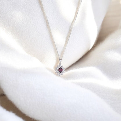 925 Sterling Silver Floral Pendant with Oval Garnet & CZ Accents – Elegant Flower Design Jewelry for Women