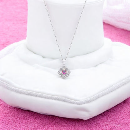 Sterling Silver Floral Pendant Necklace with Pink and White Stones – Elegant Multistone Design