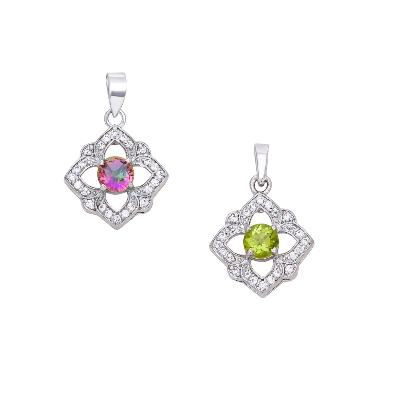 Sterling Silver Floral Pendant Necklace with Pink and White Stones – Elegant Multistone Design