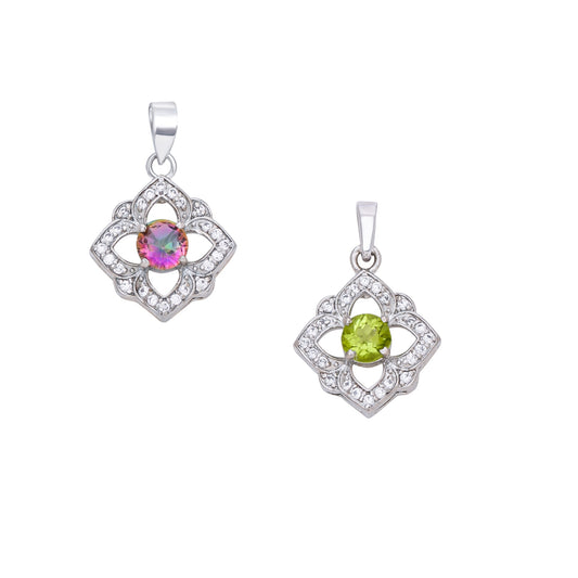 Sterling Silver Floral Pendant Necklace with Pink and White Stones – Elegant Multistone Design