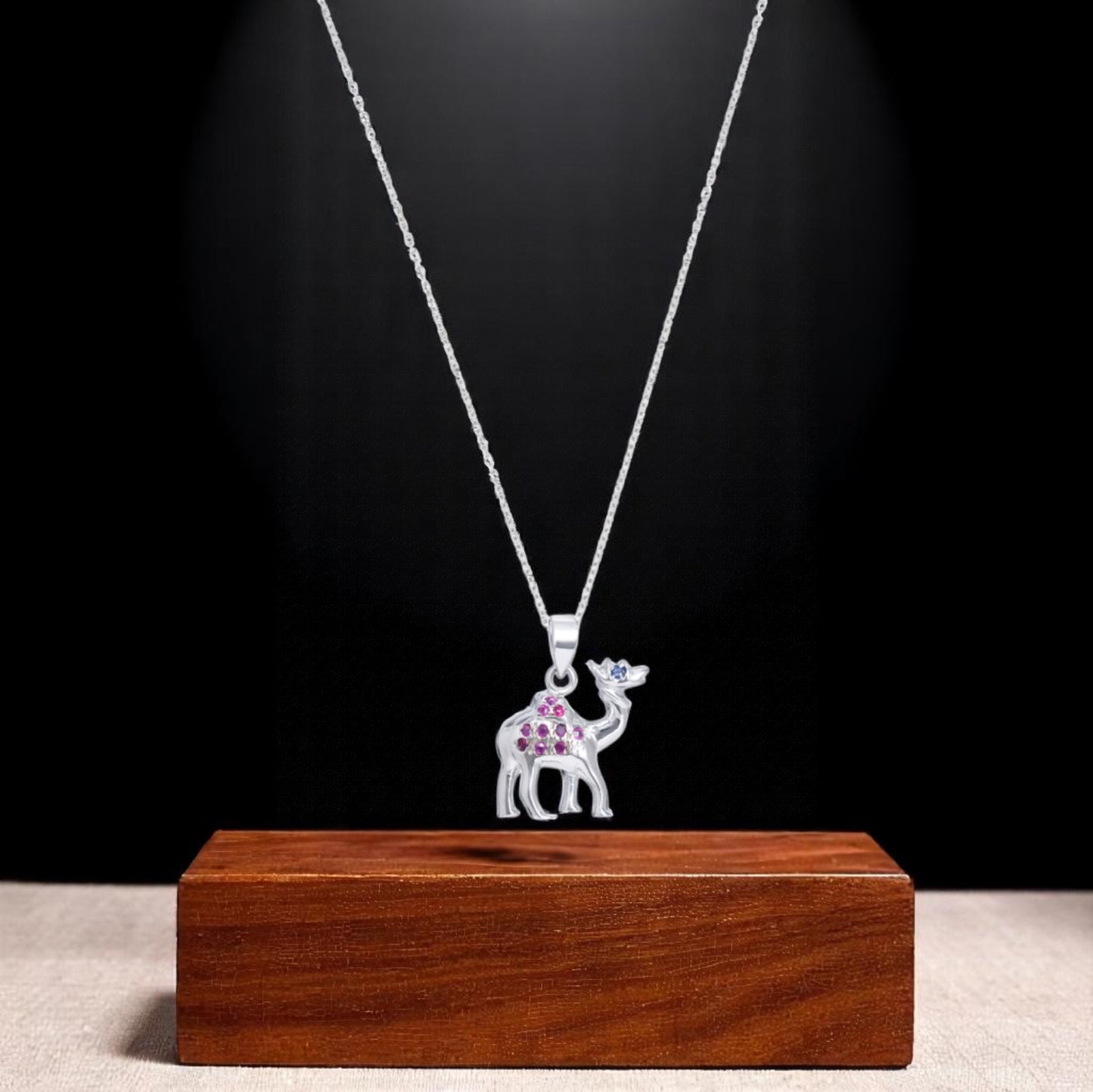 Whimsical Sterling Silver Camel Pendant with Pink and Blue Sapphire Gemstone Accents