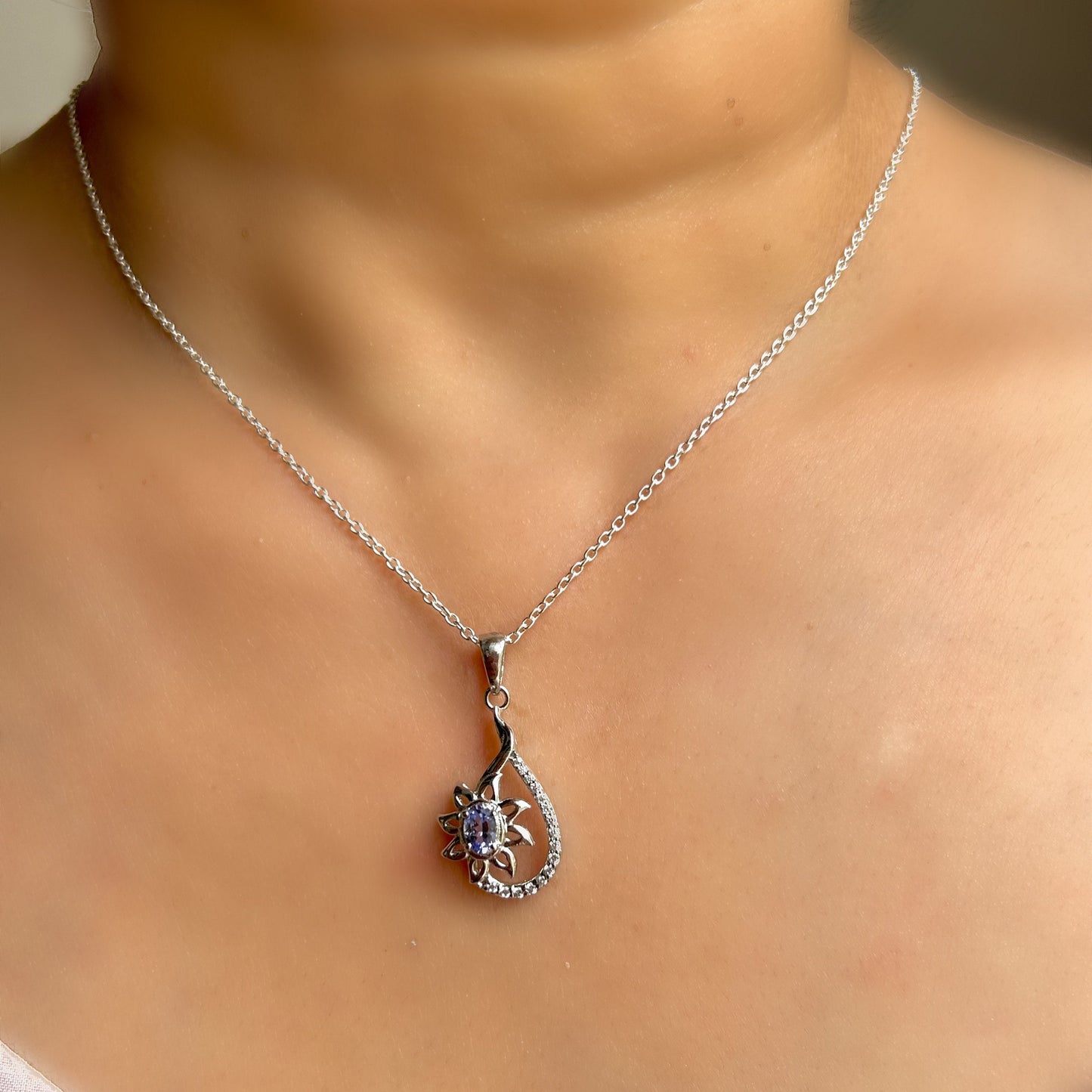 Luxe Violet Tanzanite Floral Teardrop Pendant with White Cubic Zirconia Accents