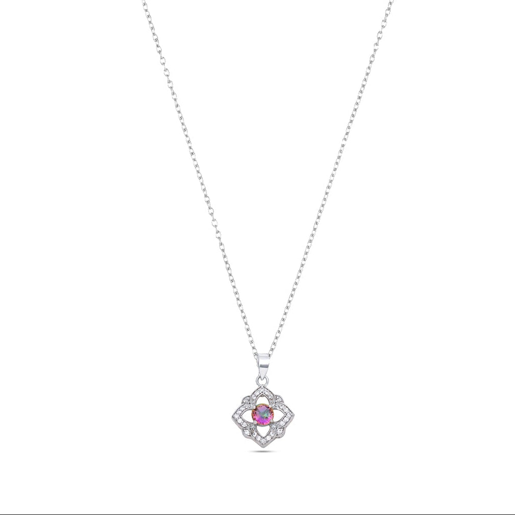 Sterling Silver Floral Pendant Necklace with Pink and White Stones – Elegant Multistone Design