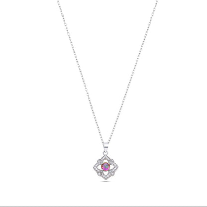 Sterling Silver Floral Pendant Necklace with Pink and White Stones – Elegant Multistone Design