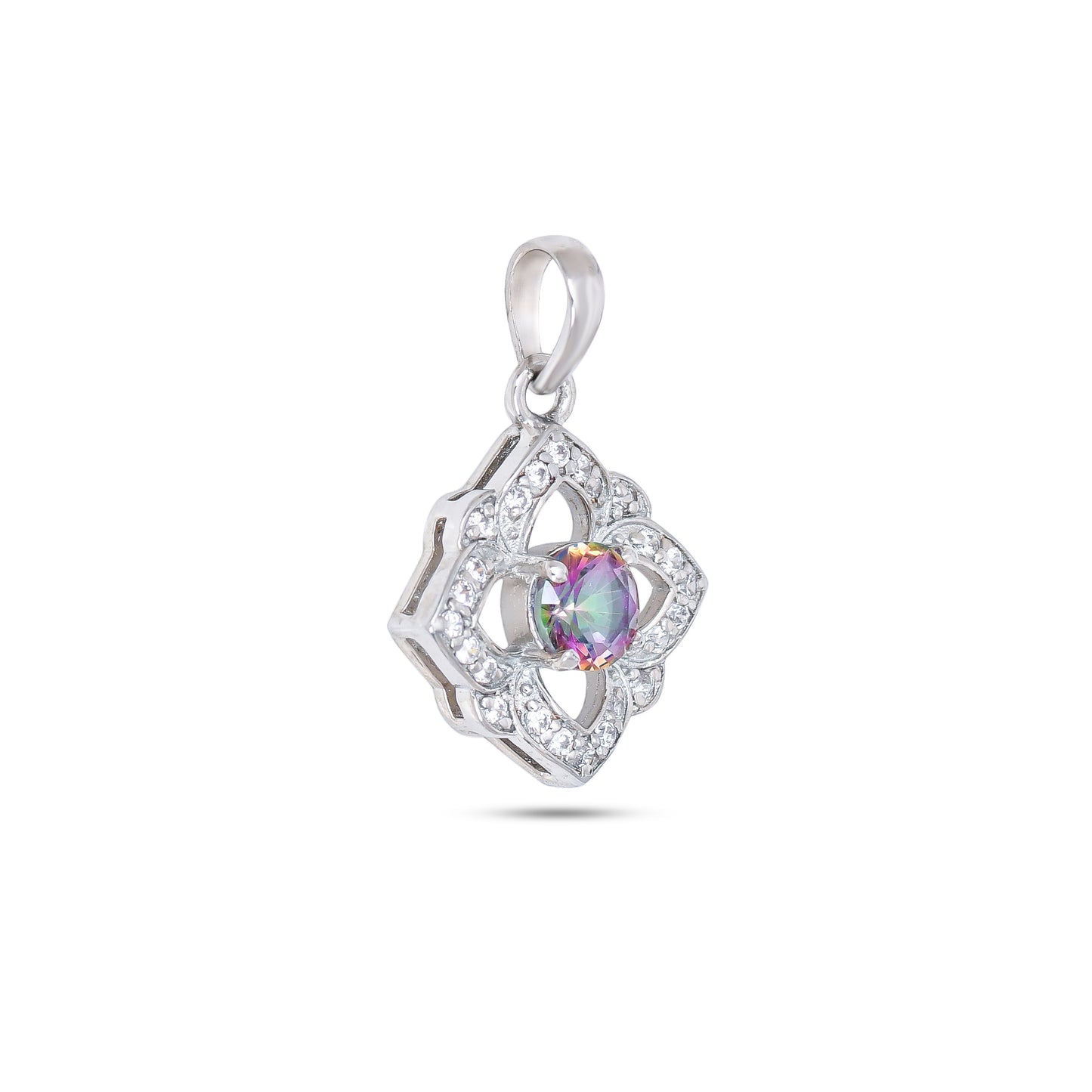 Sterling Silver Floral Pendant Necklace with Pink and White Stones – Elegant Multistone Design