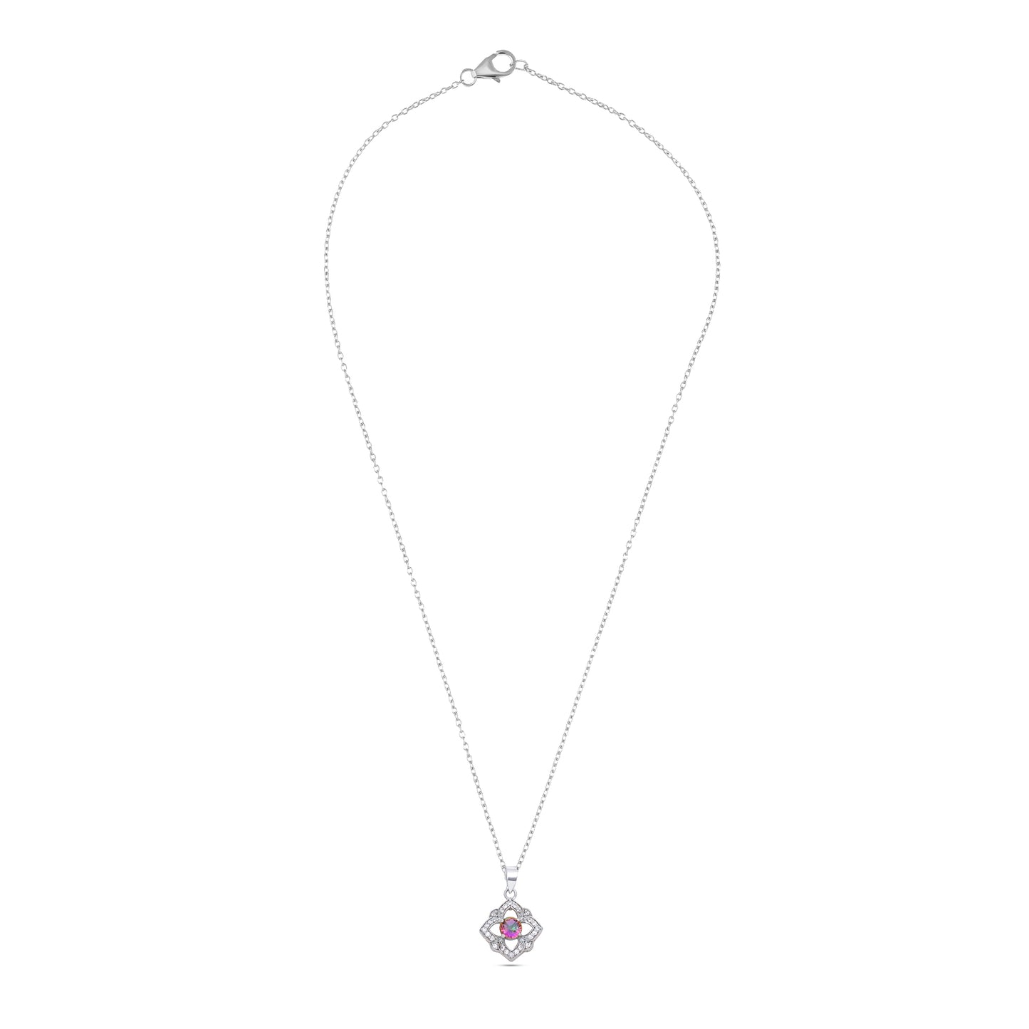 Sterling Silver Floral Pendant Necklace with Pink and White Stones – Elegant Multistone Design