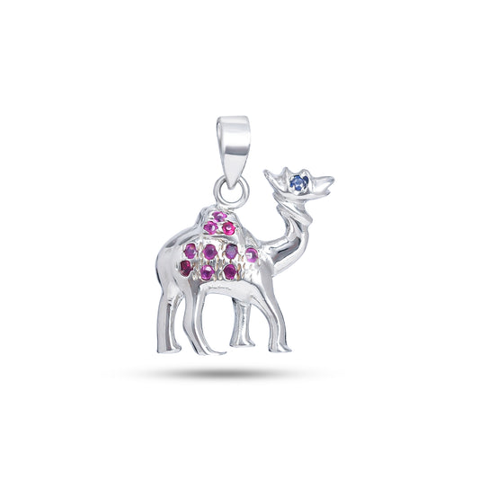 Whimsical Sterling Silver Camel Pendant with Pink and Blue Sapphire Gemstone Accents