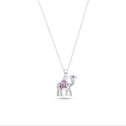 Whimsical Sterling Silver Camel Pendant with Pink and Blue Sapphire Gemstone Accents