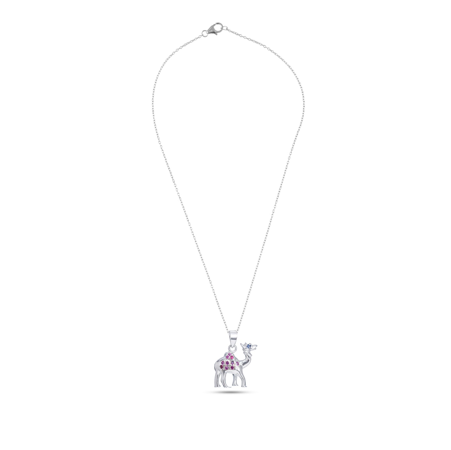 Whimsical Sterling Silver Camel Pendant with Pink and Blue Sapphire Gemstone Accents