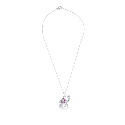 Whimsical Sterling Silver Camel Pendant with Pink and Blue Sapphire Gemstone Accents