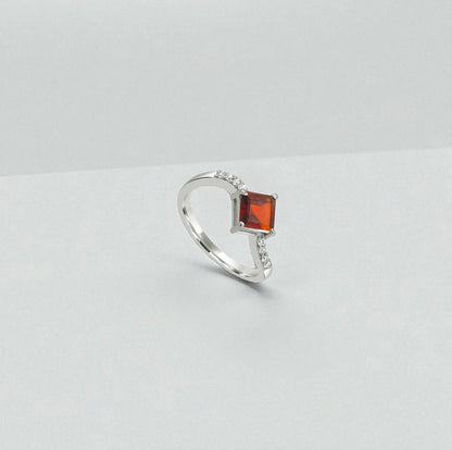 Red Princess Cut Silver Ring – 925 Sterling Silver, Square Red Gemstone, Dainty White Zircon Accents, Elegant Women’s Birthstone Jewelry