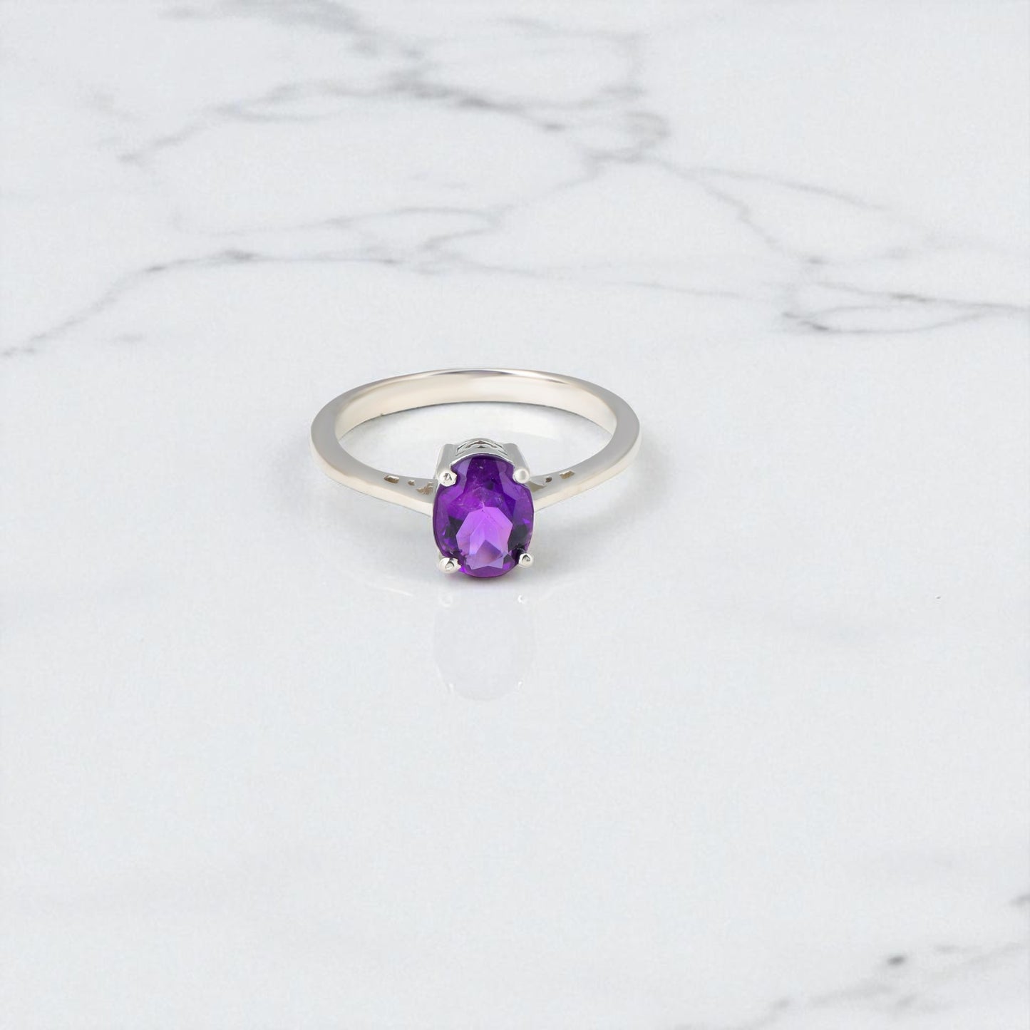 Amethyst Oval Cut Silver Ring – 925 Sterling Silver, Oval Purple Gemstone, Dainty White Zircon Accents, Elegant Women’s Birthstone Jewelry