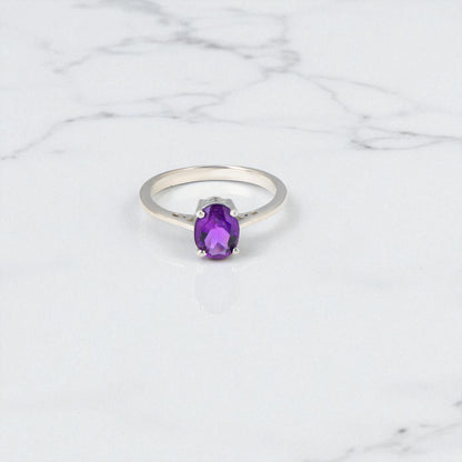 Amethyst Oval Cut Silver Ring – 925 Sterling Silver, Oval Purple Gemstone, Dainty White Zircon Accents, Elegant Women’s Birthstone Jewelry