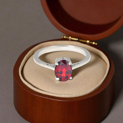 Garnet Oval Cut Silver Ring – 925 Sterling Silver, Deep Red Gemstone, Elegant Women’s Birthstone & Promise Jewelry