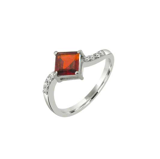 Red Princess Cut Silver Ring – 925 Sterling Silver, Square Red Gemstone, Dainty White Zircon Accents, Elegant Women’s Birthstone Jewelry