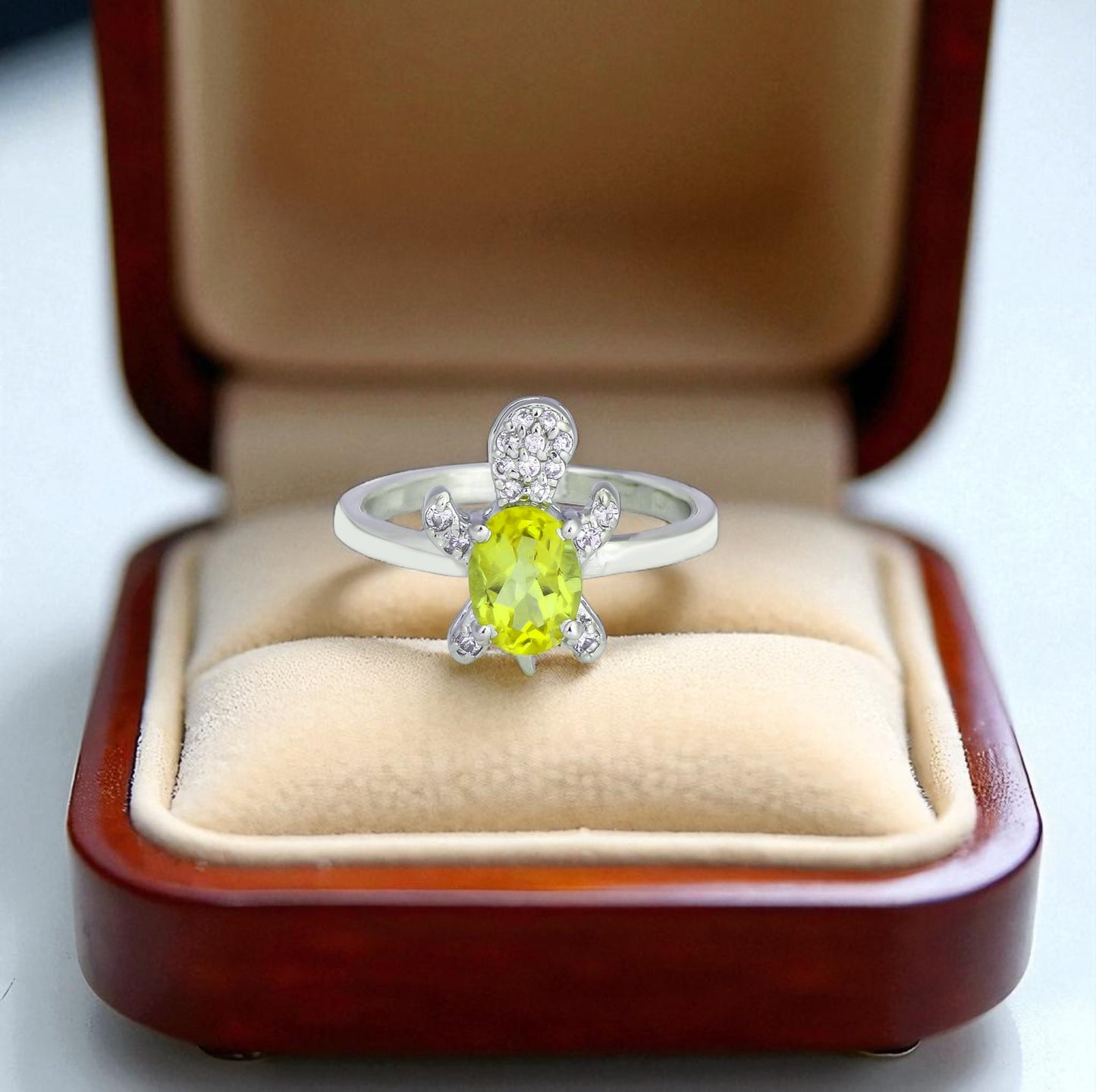 Sterling Silver Turtle Ring in Peridot and Zircon Accents – Trendy 2025 Animal Statement Jewelry for Women