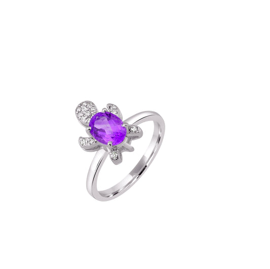 Sterling Silver Turtle Ring with Amethyst and  Zircon Accents – Trendy 2025 Animal Statement Jewelry for Women