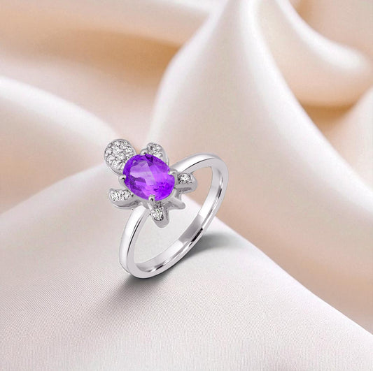 Sterling Silver Turtle Ring with Amethyst and  Zircon Accents – Trendy 2025 Animal Statement Jewelry for Women