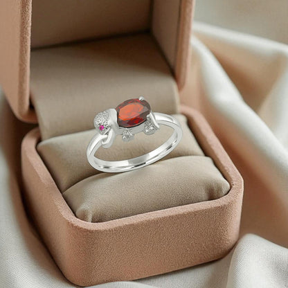 Sterling Silver Elephant Ring with Garnet – Red Gemstone Animal Jewelry for Women