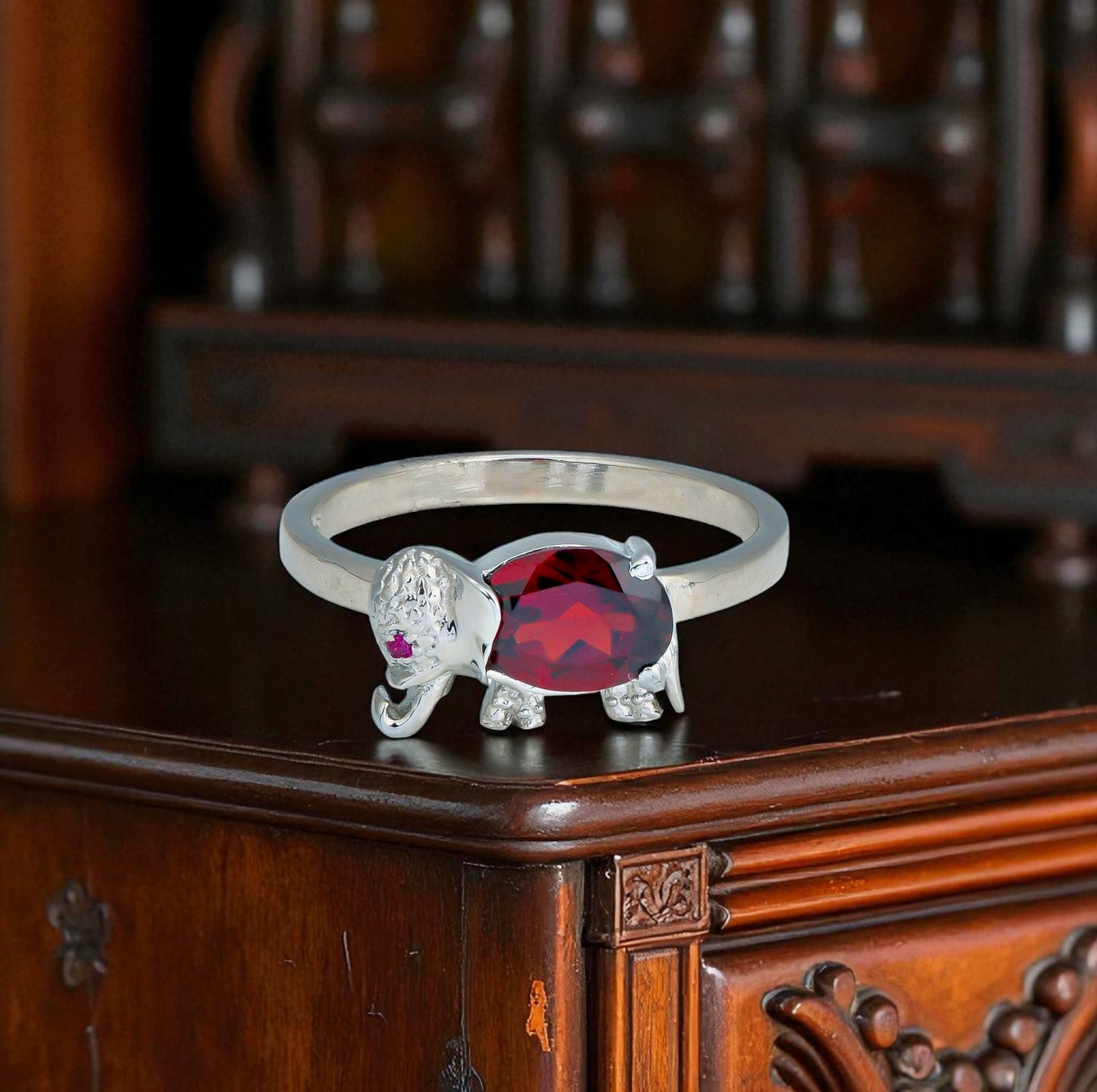 Sterling Silver Elephant Ring with Garnet – Red Gemstone Animal Jewelry for Women