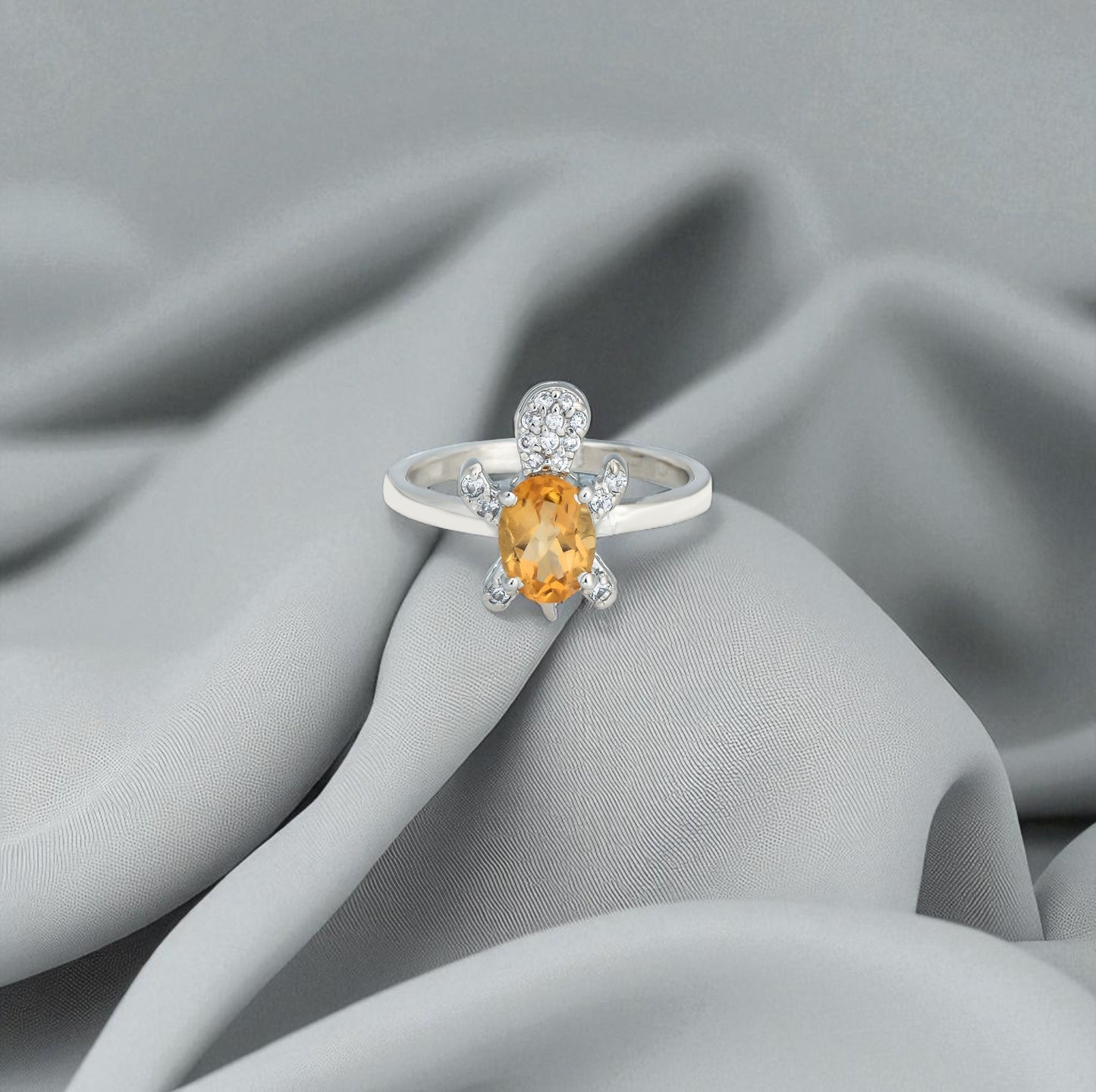 Sterling Silver Turtle Ring with Citirne Gemstone and Zircon Accents – Trendy 2025 Animal Jewelry for Women