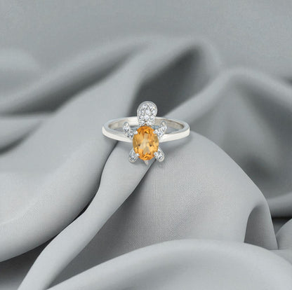 Sterling Silver Turtle Ring with Citirne Gemstone and Zircon Accents – Trendy 2025 Animal Jewelry for Women
