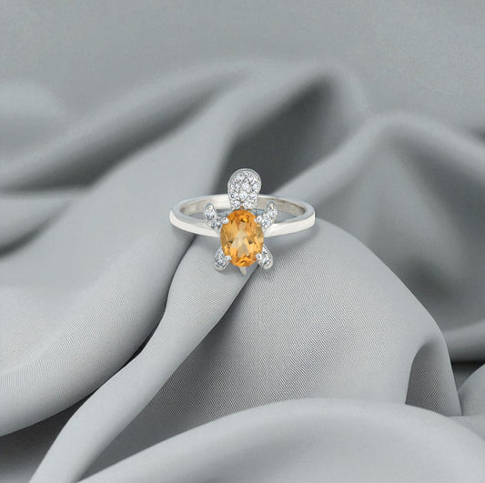 Sterling Silver Turtle Ring with Citirne Gemstone and Zircon Accents – Trendy 2025 Animal Jewelry for Women