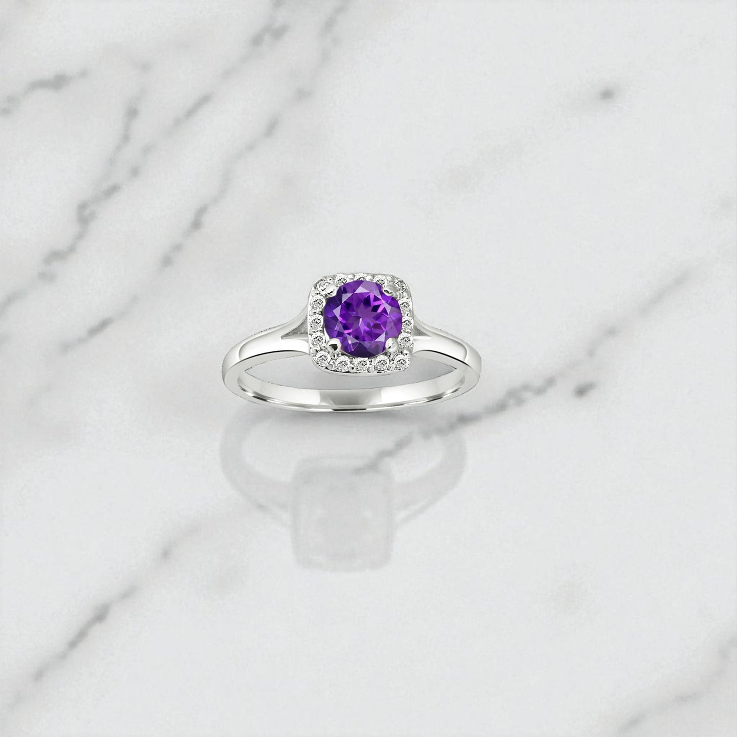 Trendy Amethyst Halo Ring – Sterling Silver Purple Gemstone Statement Jewelry