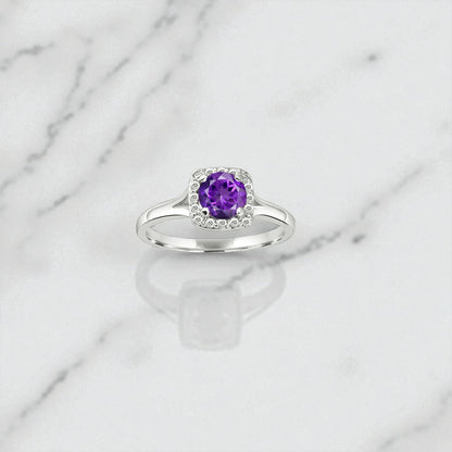 Trendy Amethyst Halo Ring – Sterling Silver Purple Gemstone Statement Jewelry