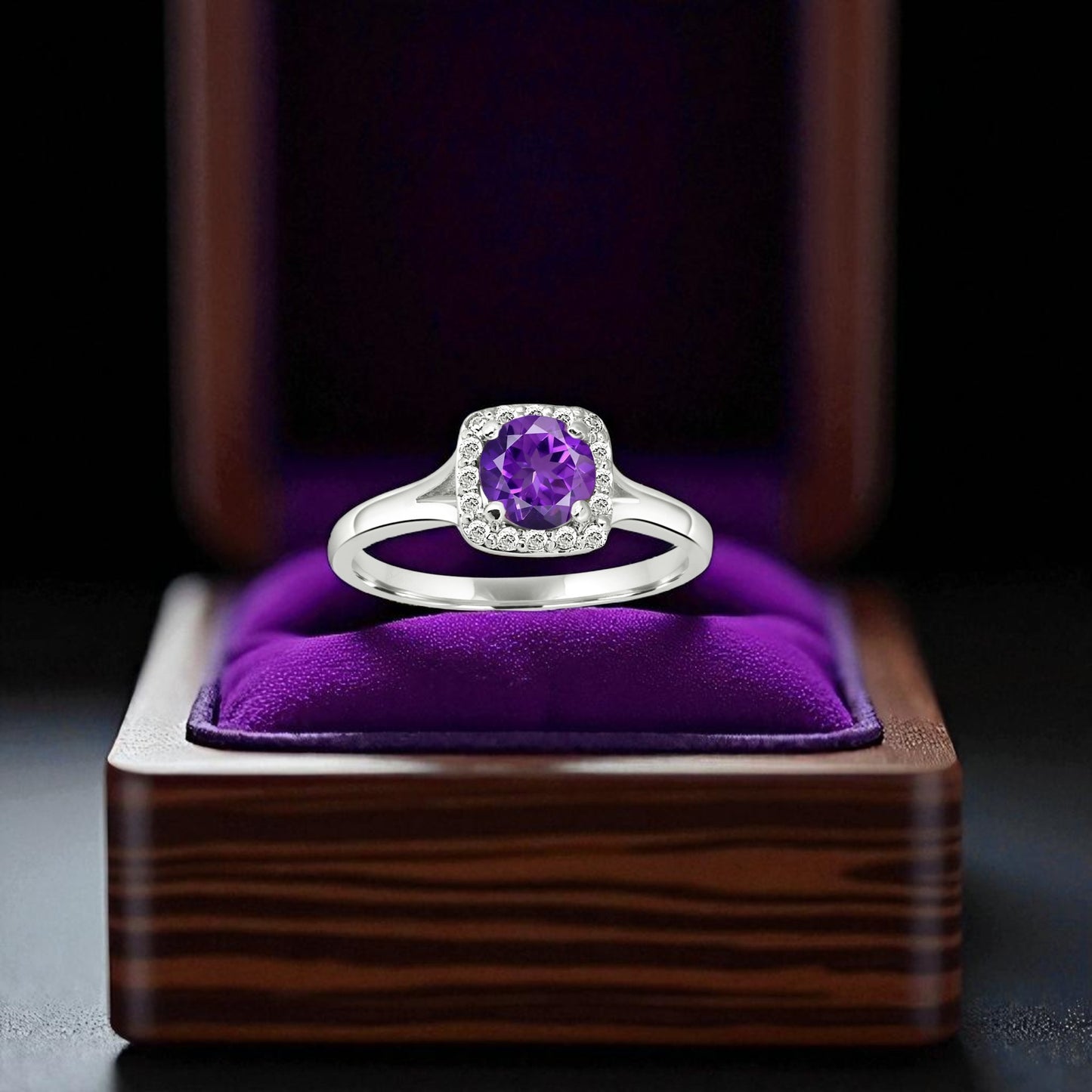 Trendy Amethyst Halo Ring – Sterling Silver Purple Gemstone Statement Jewelry