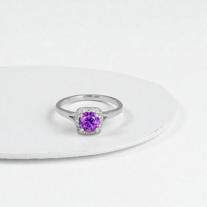 Trendy Amethyst Halo Ring – Sterling Silver Purple Gemstone Statement Jewelry