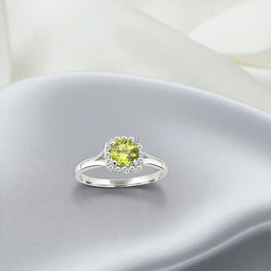 Chic Peridot Halo Ring – Sterling Silver Yellow Green Gemstone Statement Jewelry