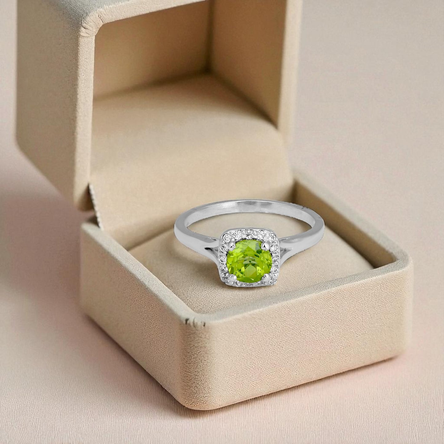 Chic Peridot Halo Ring – Sterling Silver Yellow Green Gemstone Statement Jewelry