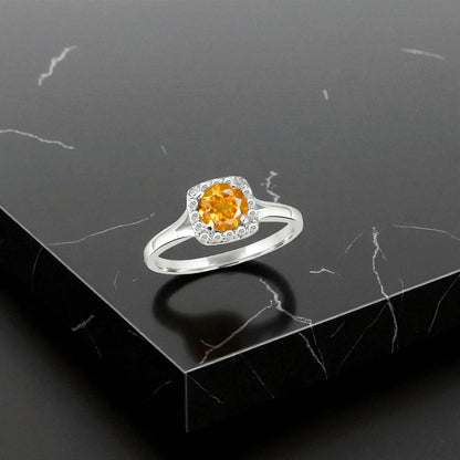 Citrine Halo Ring – Sterling Silver Yellow Gemstone Statement Ring for Women