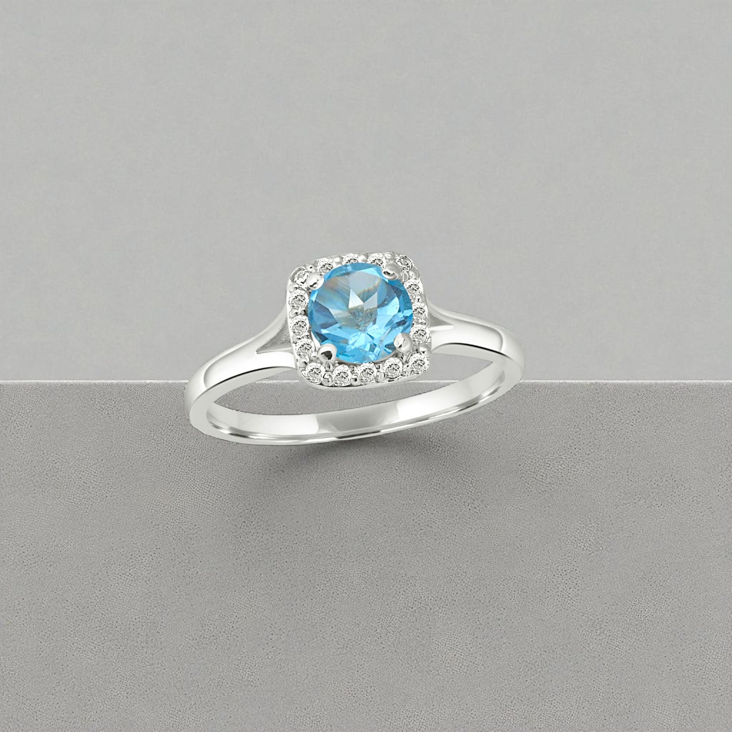 Blue Topaz Halo Ring – Sterling Silver Sparkling Sky Blue Gemstone Statement Jewelry