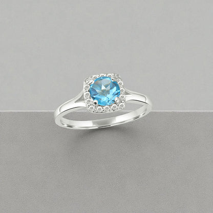 Blue Topaz Halo Ring – Sterling Silver Sparkling Sky Blue Gemstone Statement Jewelry