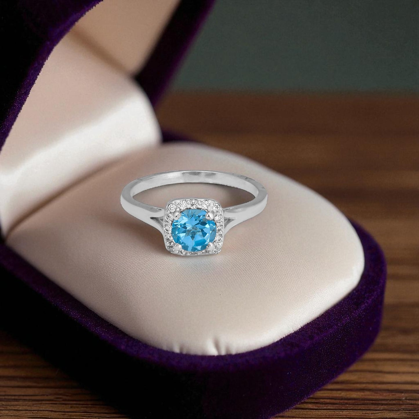 Blue Topaz Halo Ring – Sterling Silver Sparkling Sky Blue Gemstone Statement Jewelry