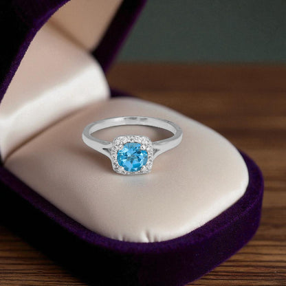 Blue Topaz Halo Ring – Sterling Silver Sparkling Sky Blue Gemstone Statement Jewelry