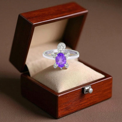 Sterling Silver Turtle Ring with Amethyst and  Zircon Accents – Trendy 2025 Animal Statement Jewelry for Women