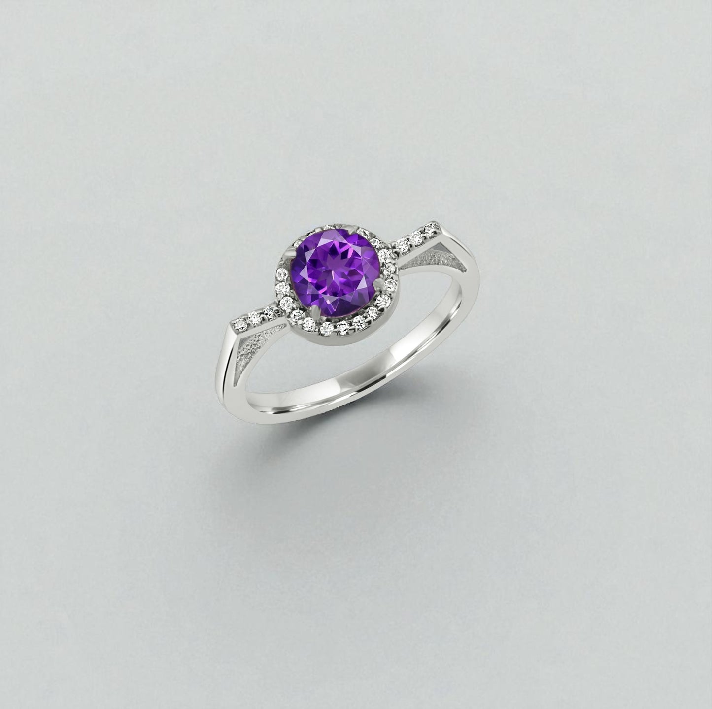 Radiant Amethyst Zircon Halo Ring – Sparkling Sterling Silver Elegance for Women