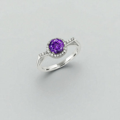 Radiant Amethyst Zircon Halo Ring – Sparkling Sterling Silver Elegance for Women