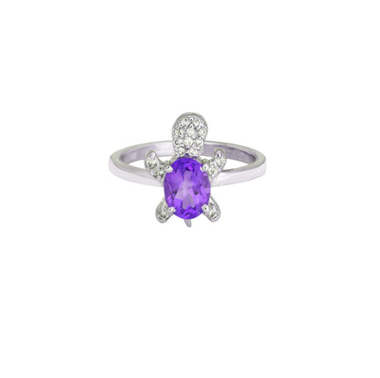 Sterling Silver Turtle Ring with Amethyst and  Zircon Accents – Trendy 2025 Animal Statement Jewelry for Women