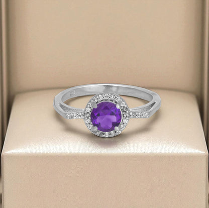 Radiant Amethyst Zircon Halo Ring – Sparkling Sterling Silver Elegance for Women