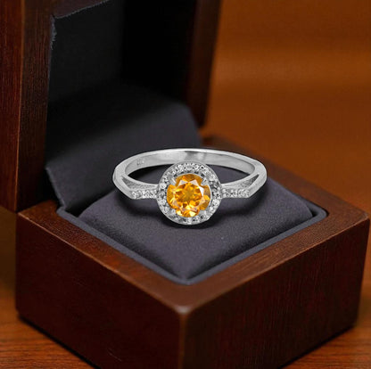 Radiant Citrine Zircon Halo Ring – Dazzling Sterling Silver Yellow Gemstone Jewelry