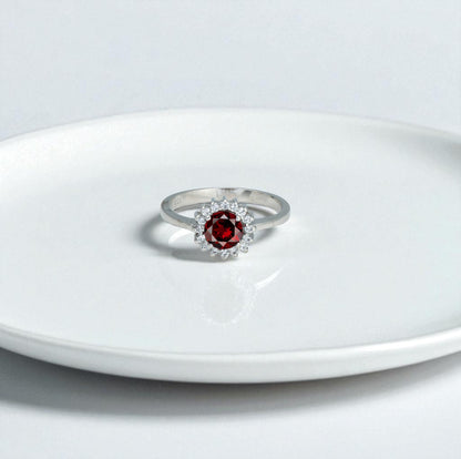 Classic Red Zircon Flower Halo Ring – Sterling Silver Vintage-Inspired Women’s Jewelry