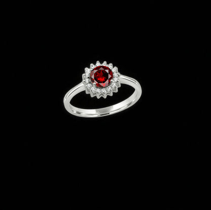 Classic Red Zircon Flower Halo Ring – Sterling Silver Vintage-Inspired Women’s Jewelry