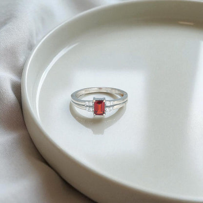 Modern Baguette Red Garnet and Zircon Ring – Sterling Silver Art Deco Gemstone Jewelry for Women